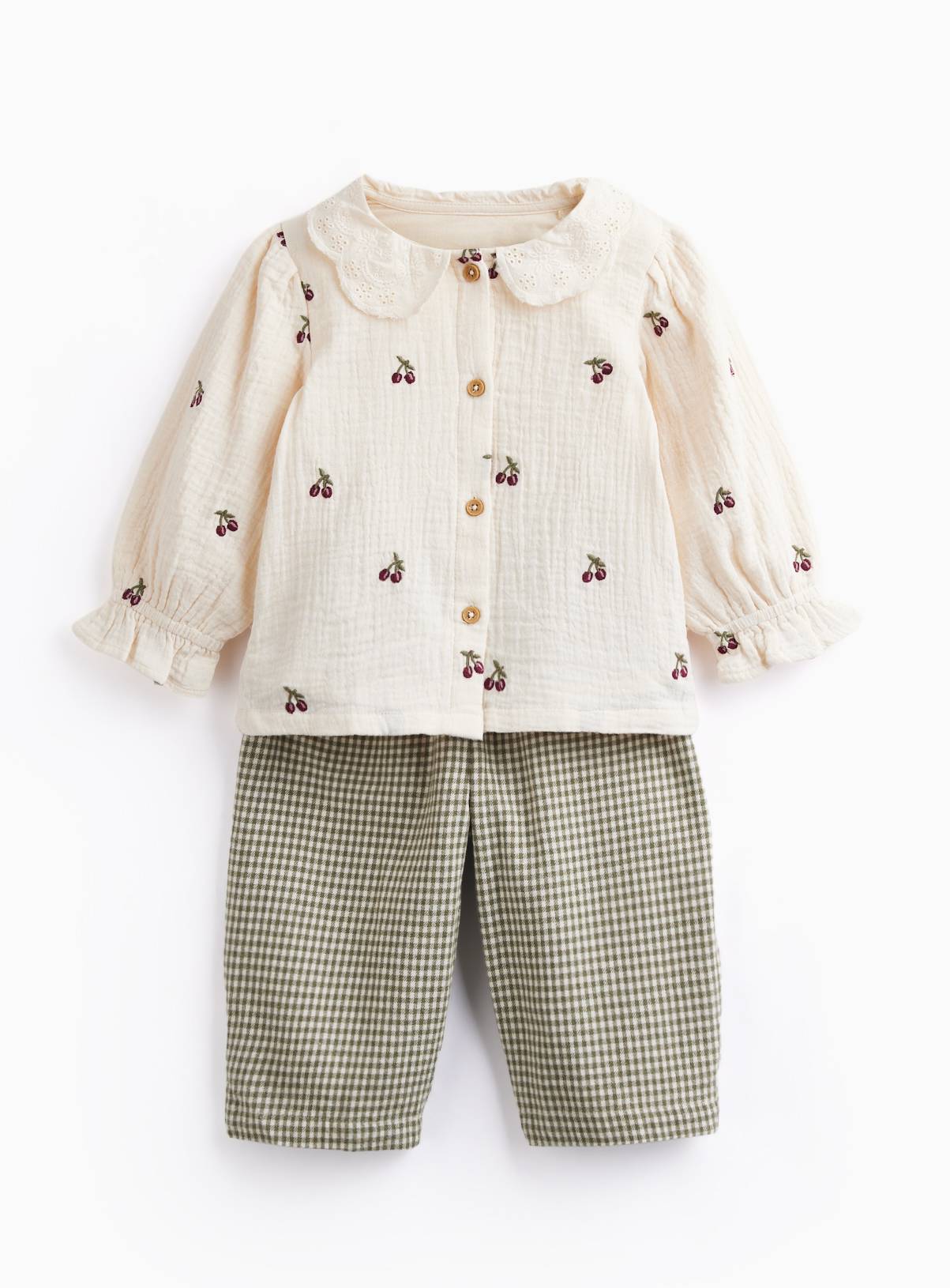 Cream Cherry Embroidered Blouse & Trouser Set Up to 3 mths - Image 1